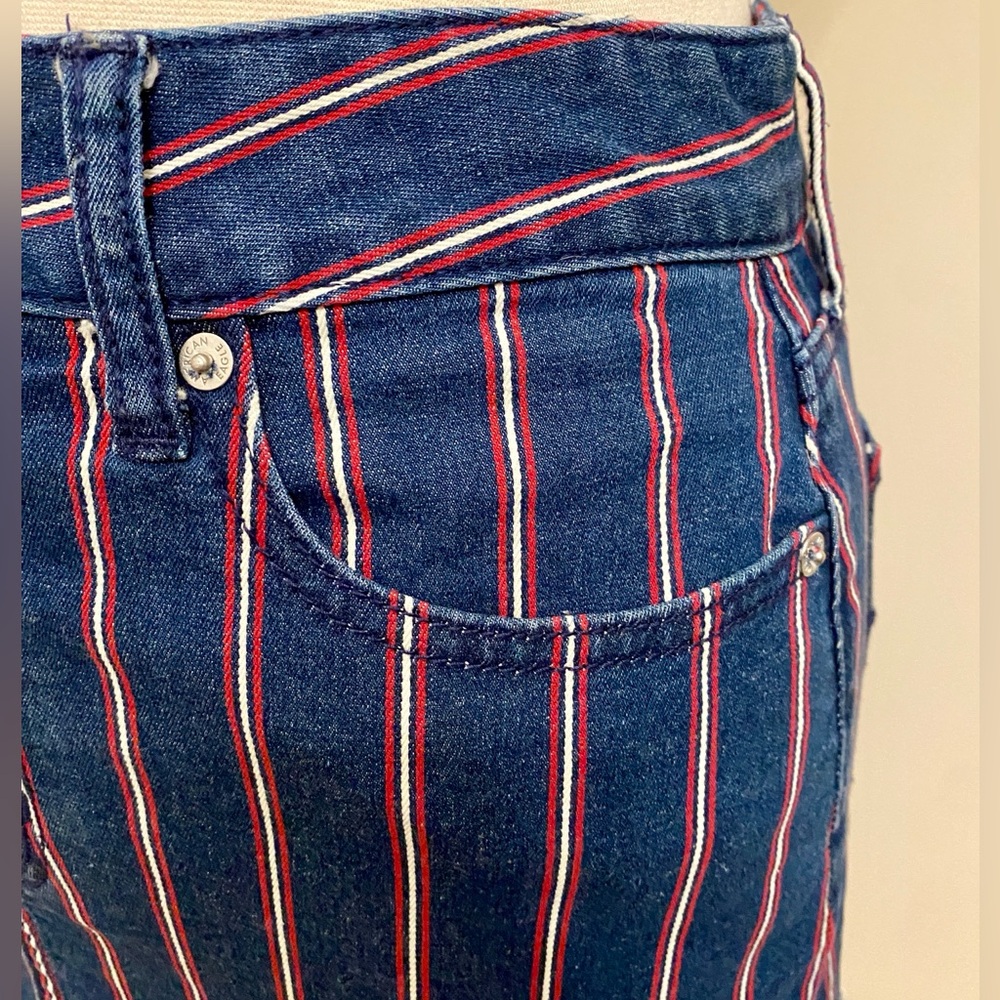 America Eagle Super Stretch Blue Red Striped 6 Americana Denim Mini Jean Skirt - Picture 4 of 12